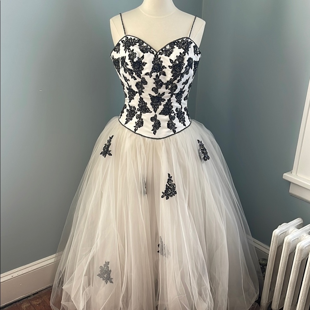 Xcite Formal Black and White Tulle Gown With Beading